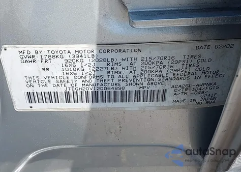 2002 Toyota Rav4 из США, поврежденный, VIN JTEGH20V120064898